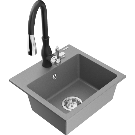 Mexen Milo 1-bowl granite sink with Savita kitchen tap, grey - 6505-71-672601-70