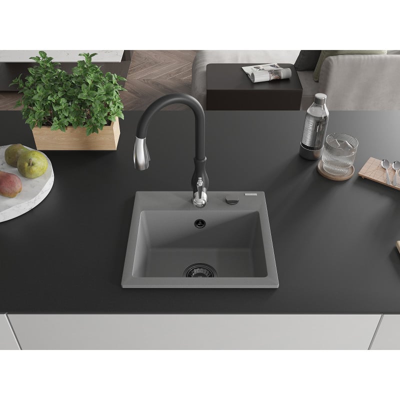 Mexen Milo 1-Bowl Granite Sink with Savita Kitchen Tap, Grey - 6505-71-672601-70-B