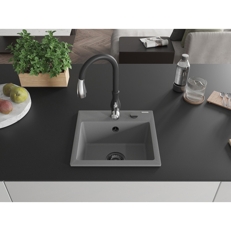 Mexen Milo fregadero de granito de 1 taza con grifo de cocina Savita, gris - 6505-71-672601-70-B