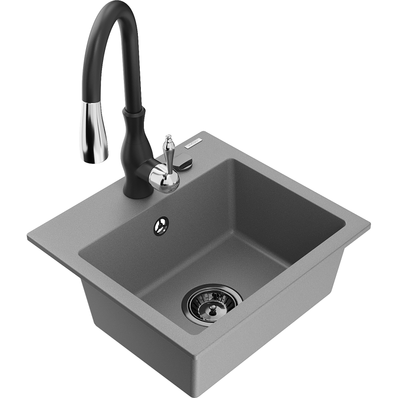 Mexen Milo 1-Bowl Granite Sink with Savita Kitchen Tap, Grey - 6505-71-672601-70-B