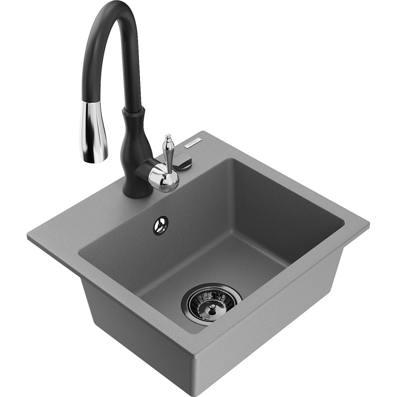 Mexen Milo fregadero de granito de 1 cubeta con grifo de cocina Savita, gris - 6505-71-672601-70-B