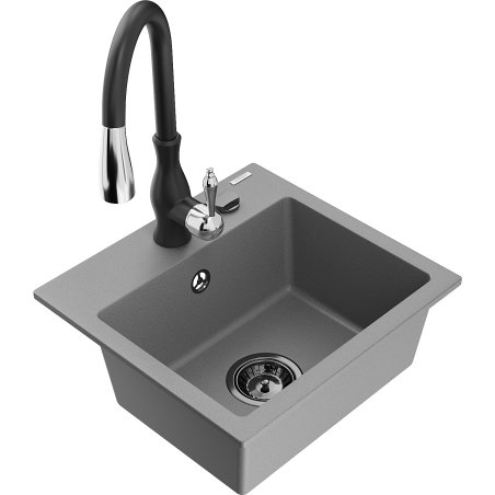 Mexen Milo 1-Bowl Granite Sink with Savita Kitchen Tap, Grey - 6505-71-672601-70-B