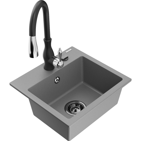 Mexen Milo évier en granit 1 cuve avec robinet de cuisine Savita, gris - 6505-71-672601-70-B