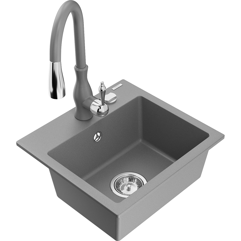 Mexen Milo lavello da cucina in granito a 1 vasca con miscelatore cucina Savita, grigio - 6505-71-672601-71