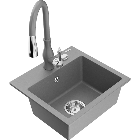 Mexen Milo fregadero de granito de 1 compartimento con grifo de cocina Savita, gris - 6505-71-672601-71