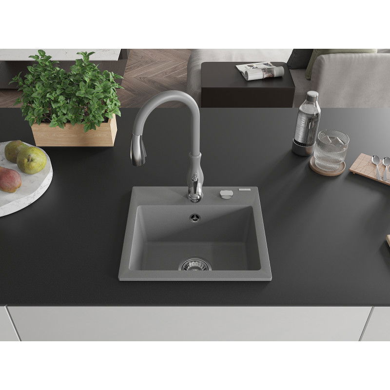 Mexen Milo 1-bowl granite kitchen sink with Savita tap, grey - 6505-71-672601-71