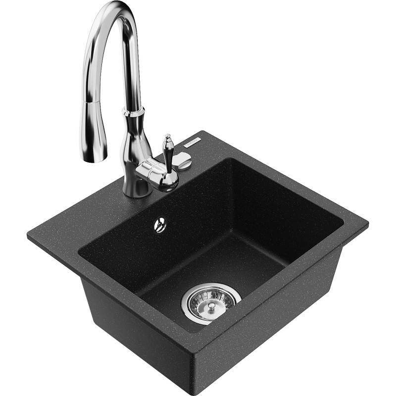 Mexen Milo Granitspüle 1-Becken mit Küchenarmatur Savita, schwarz/silber metallic - 6505-73-672601-00