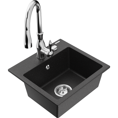 Mexen Milo 1-bowl granite sink with Savita kitchen tap, black/silver metallic- 6505-73-672601-00