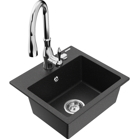 Mexen Milo vienkameras granīta izlietne ar virtuves jaucējkrānu Savita, melns/sudraba metālisks - 6505-73-672601-00