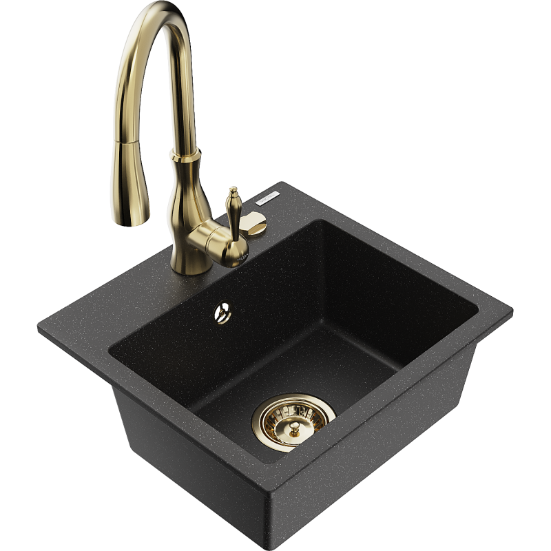 Mexen Milo fregadero de granito de 1 compartimento con grifo de cocina Savita, negro/metálico plateado- 6505-73-672601-50