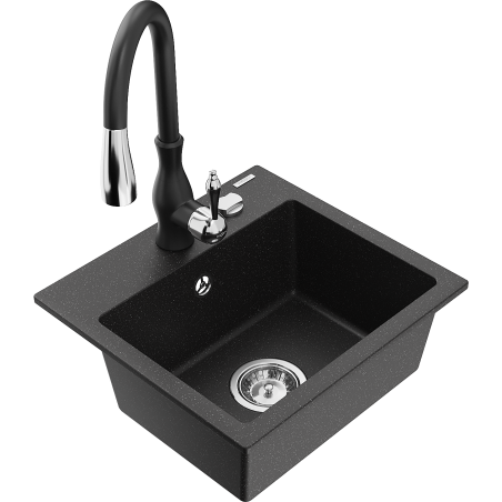 Mexen Milo fregadero de granito de 1 cubeta con grifo de cocina Savita, negro/metálico plateado - 6505-73-672601-70