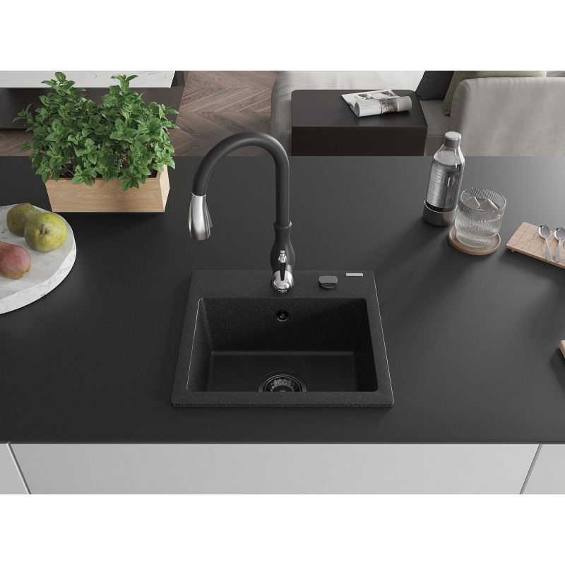 Mexen Milo Granitspüle 1-Becken mit Küchenarmatur Savita, schwarz/silber metallic - 6505-73-672601-70-B