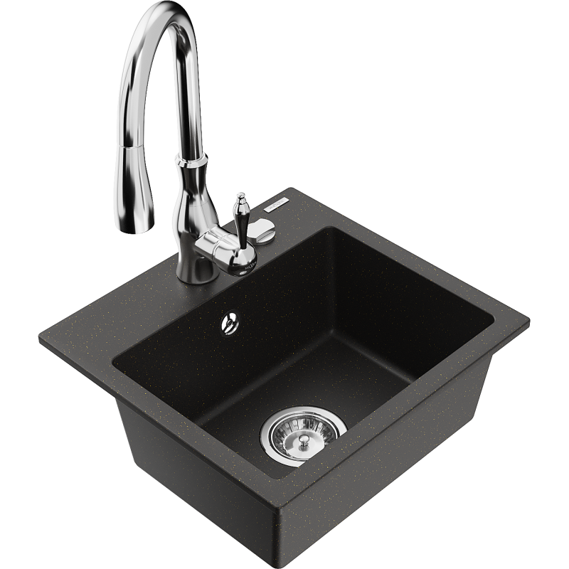 Mexen Milo lavello in granito a 1 vasca con miscelatore da cucina Savita, nero/oro metallizzato- 6505-75-672601-00