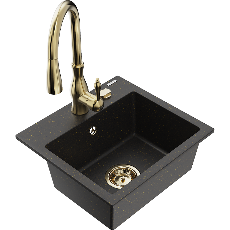 Mexen Milo lavello da cucina in granito 1-vasca con rubinetto da cucina Savita, nero/oro metallizzato- 6505-75-672601-50