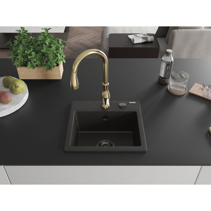 Mexen Milo 1-bowl granite kitchen sink with Savita faucet, black/golden metallic - 6505-75-672601-50-B