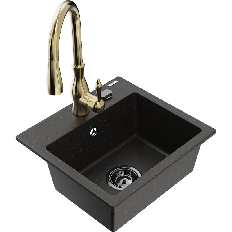 Mexen Milo 1-bowl granite kitchen sink with Savita faucet, black/golden metallic - 6505-75-672601-50-B