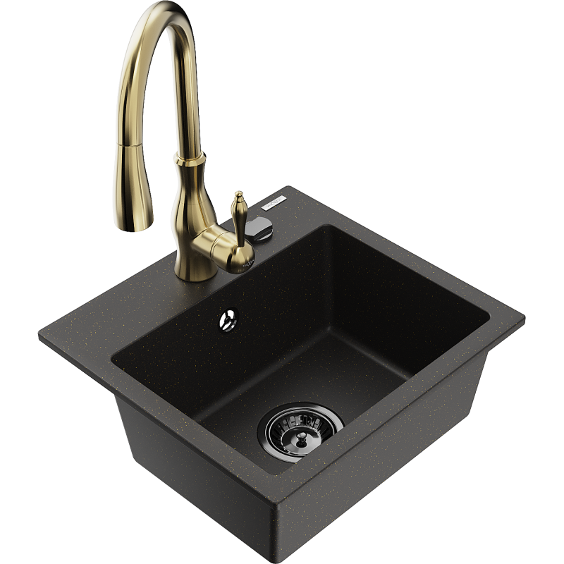 Mexen Milo 1-bowl granite sink with Savita kitchen tap, black/gold metallic - 6505-75-672601-50-B