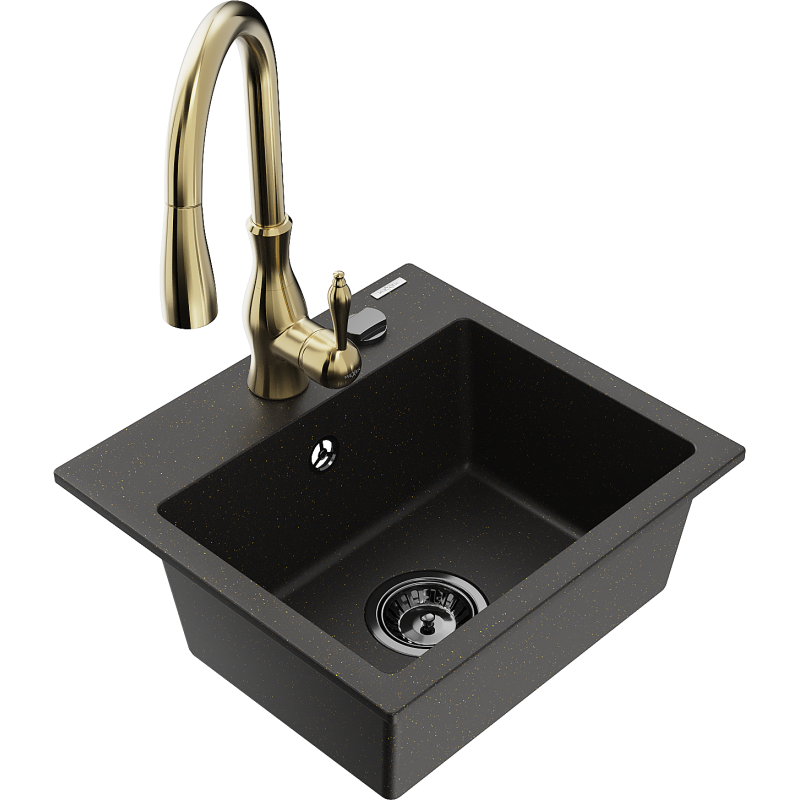 Mexen Milo granitdiskho 1-kammare med köksblandare Savita, svart/guld metallic - 6505-75-672601-50-B