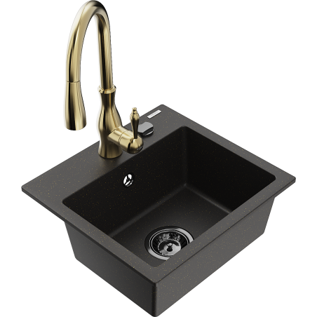 Mexen Milo 1-bowl granite kitchen sink with Savita faucet, black/golden metallic - 6505-75-672601-50-B