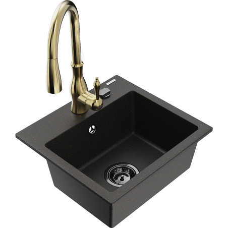 Mexen Milo lavello in granito a 1 vasca con rubinetto da cucina Savita, nero/oro metallico - 6505-75-672601-50-B