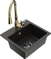 Mexen Milo Granitspüle 1-becken mit Küchenarmatur Savita, schwarz/gold metallic- 6505-75-672601-50-B