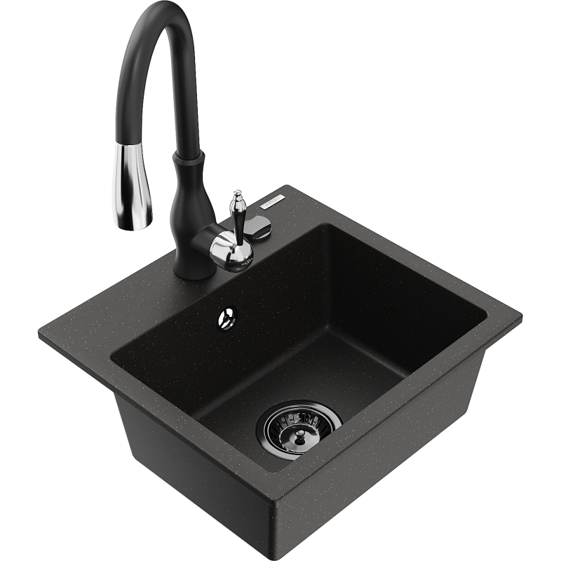 Mexen Milo granite sink, single bowl with Savita kitchen tap, black/gold metallic- 6505-75-672601-70-B