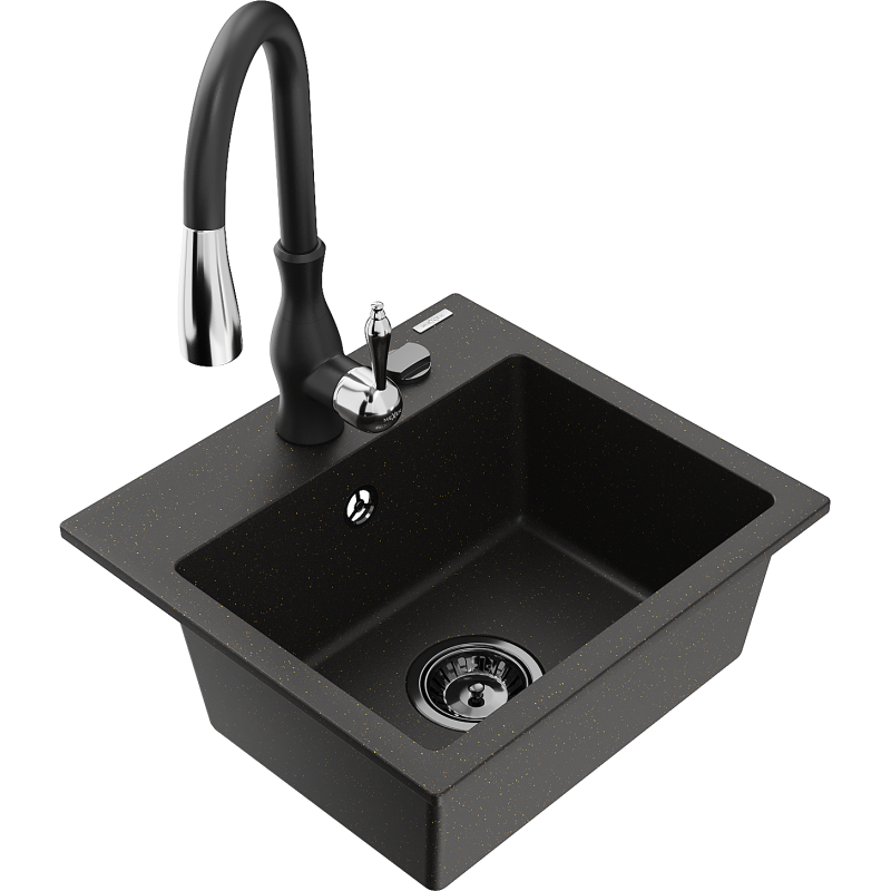 Mexen Milo lavello in granito a 1 vasca con rubinetto da cucina Savita, nero/oro metallizzato- 6505-75-672601-70-B