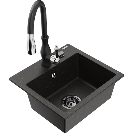 Mexen Milo fregadero de granito de 1 compartimento con grifo de cocina Savita, negro/oro metálico - 6505-75-672601-70-B