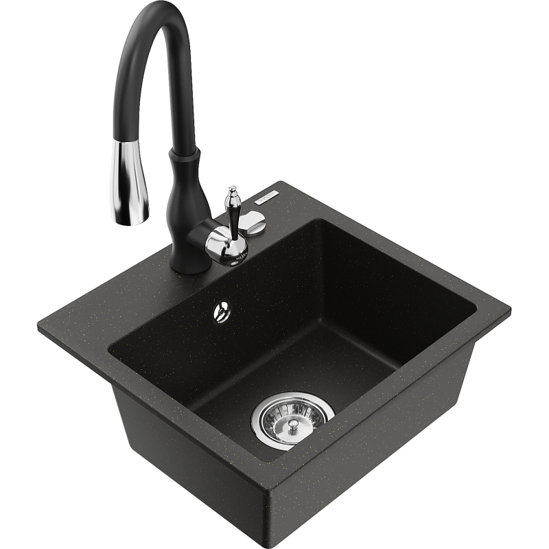 Mexen Milo fregadero de granito de 1 seno con grifo de cocina Savita, negro/dorado metalizado - 6505-75-672601-70