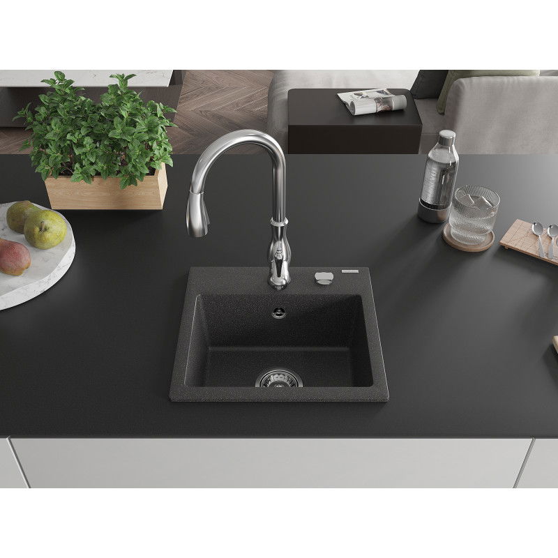 Mexen Milo 1-bowl granite sink with Savita kitchen tap, speckled black - 6505-76-672601-00