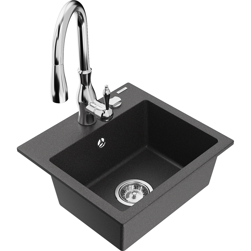 Mexen Milo 1-bowl granite sink with Savita kitchen tap, speckled black - 6505-76-672601-00