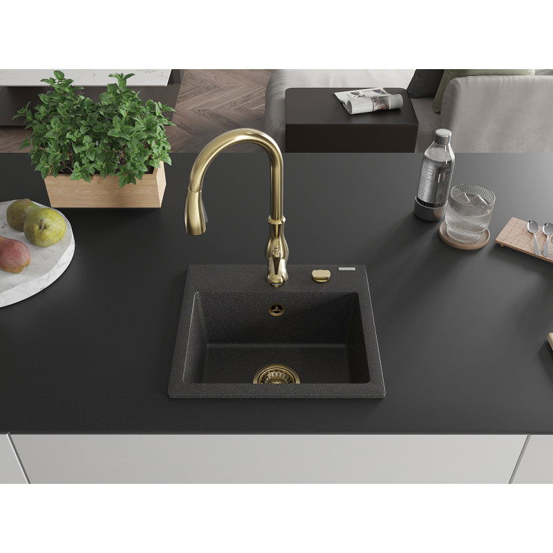 Mexen Milo 1-bowl granite kitchen sink with Savita tap, black speckled - 6505-76-672601-50
