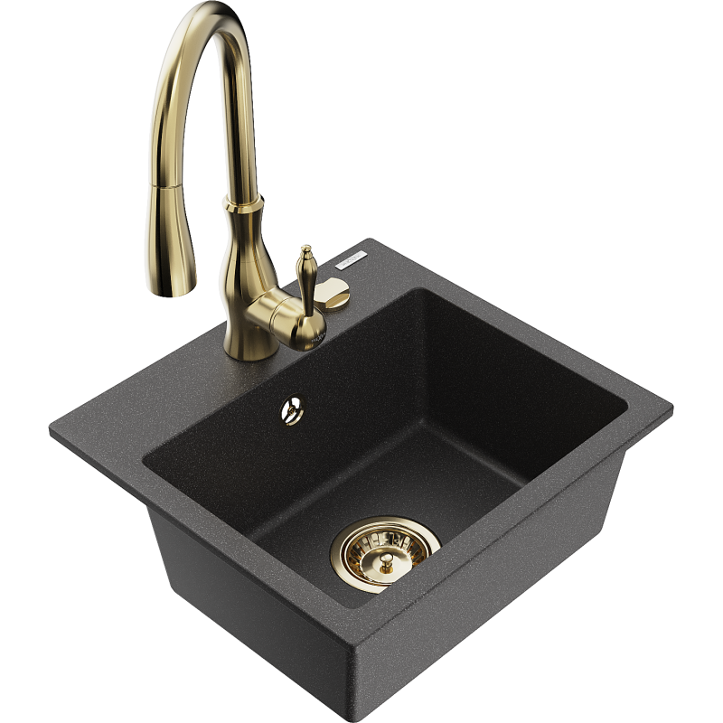 Mexen Milo lavabo in granito a 1 vasca con rubinetto da cucina Savita, nero punteggiato - 6505-76-672601-50