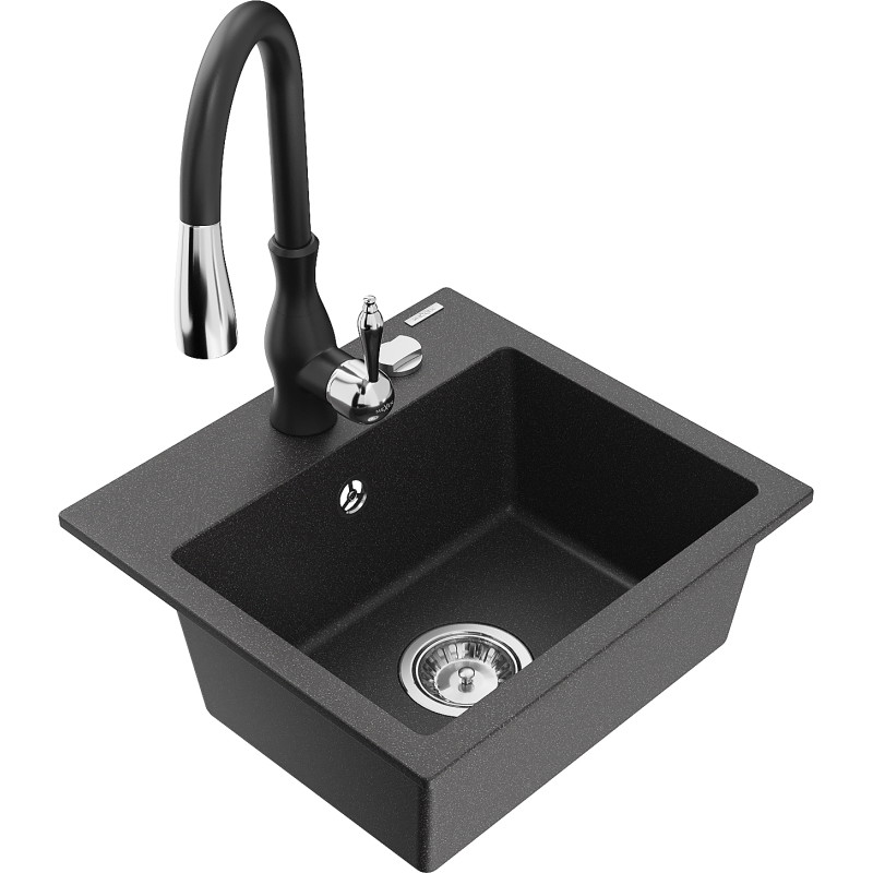 Mexen Milo fregadero de granito de 1 cubeta con grifo de cocina Savita, negro moteado - 6505-76-672601-70
