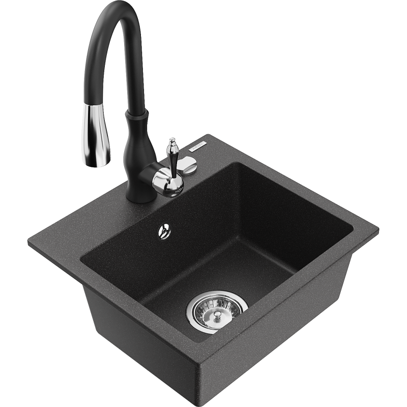 Mexen Milo lavello in granito a 1 vasca con miscelatore cucina Savita, nero maculato - 6505-76-672601-70