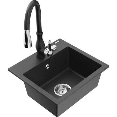 Mexen Milo 1-bowl granite kitchen sink with Savita kitchen tap, black speckled - 6505-76-672601-70