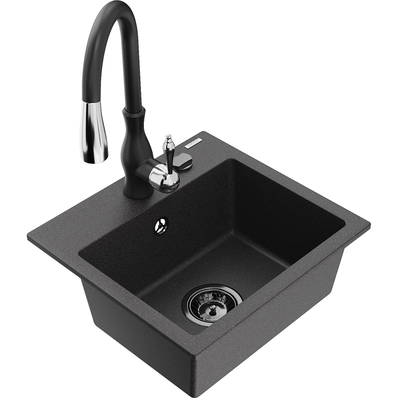 Mexen Milo fregadero de granito de 1 cubeta con grifo de cocina Savita, negro moteado - 6505-76-672601-70-B