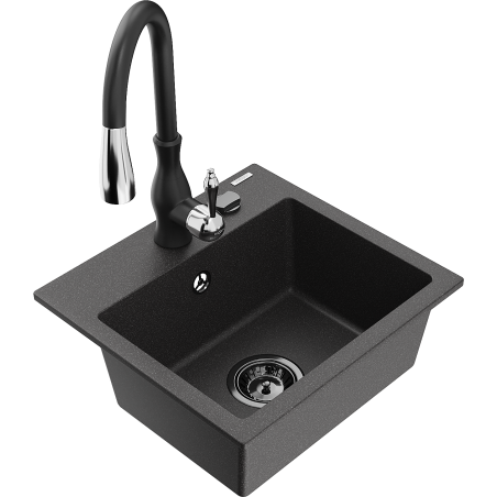 Mexen Milo fregadero de granito de 1 cubeta con grifo de cocina Savita, negro moteado - 6505-76-672601-70-B