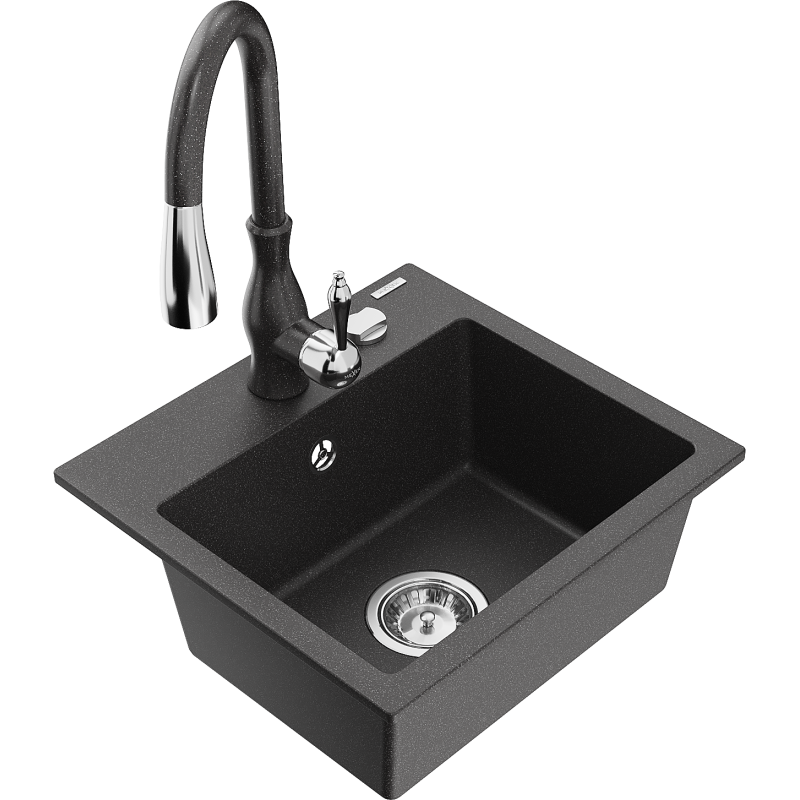 Mexen Milo 1-Bowl Granite Kitchen Sink with Savita Tap, Black Spotted - 6505-76-672601-76