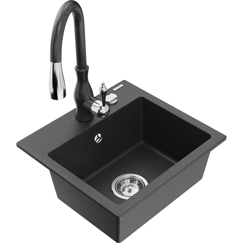 Mexen Milo fregadero de granito de 1 cámara con grifo de cocina Savita, negro moteado - 6505-76-672601-76