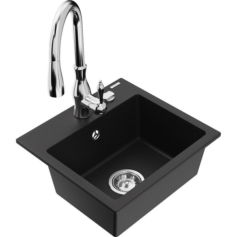 Mexen Milo fregadero de granito de 1 cubeta con grifo de cocina Savita, negro - 6505-77-672601-00