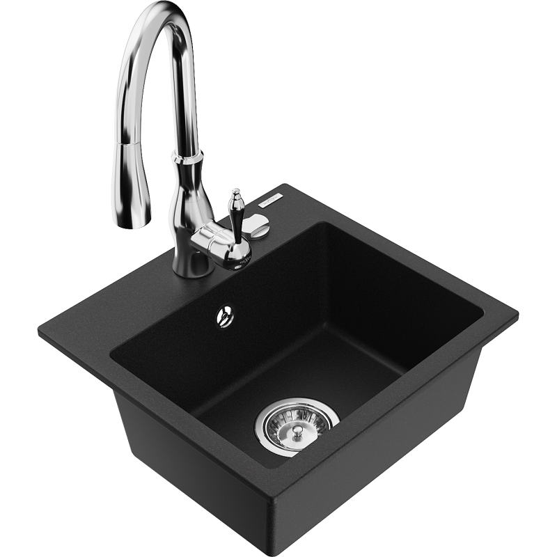 Mexen Milo granite kitchen sink 1-bowl with Savita kitchen tap, black - 6505-77-672601-00