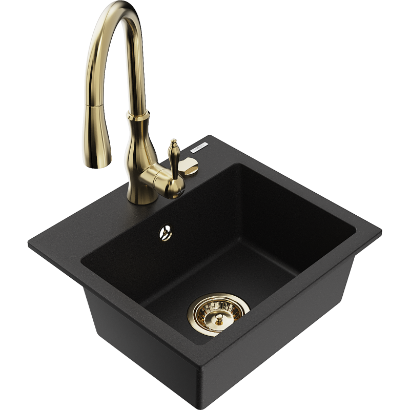 Mexen Milo granite sink 1-bowl with Savita kitchen tap, black - 6505-77-672601-50