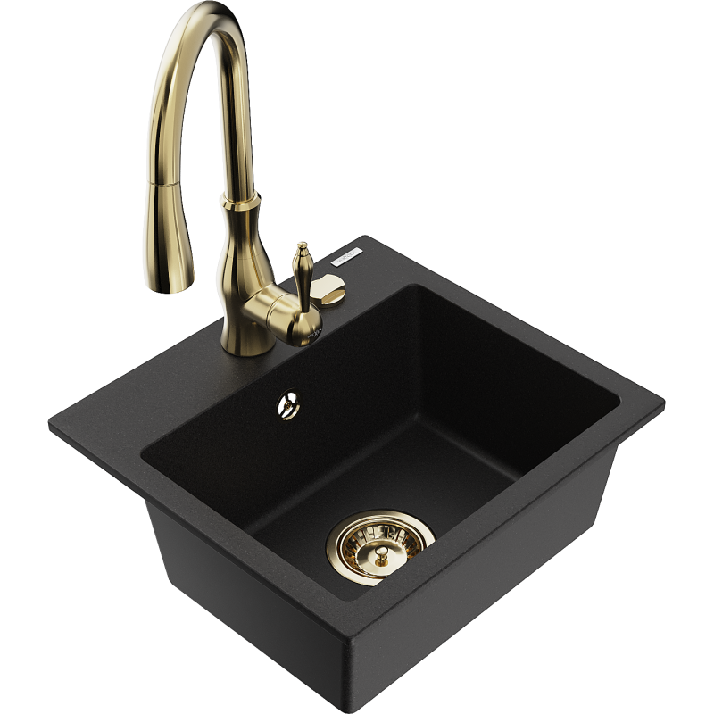 Mexen Milo lavello da cucina in granito a 1 vasca con miscelatore cucina Savita, nero - 6505-77-672601-50