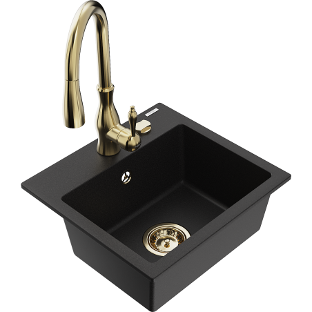 Mexen Milo granite sink 1-bowl with Savita kitchen tap, black - 6505-77-672601-50