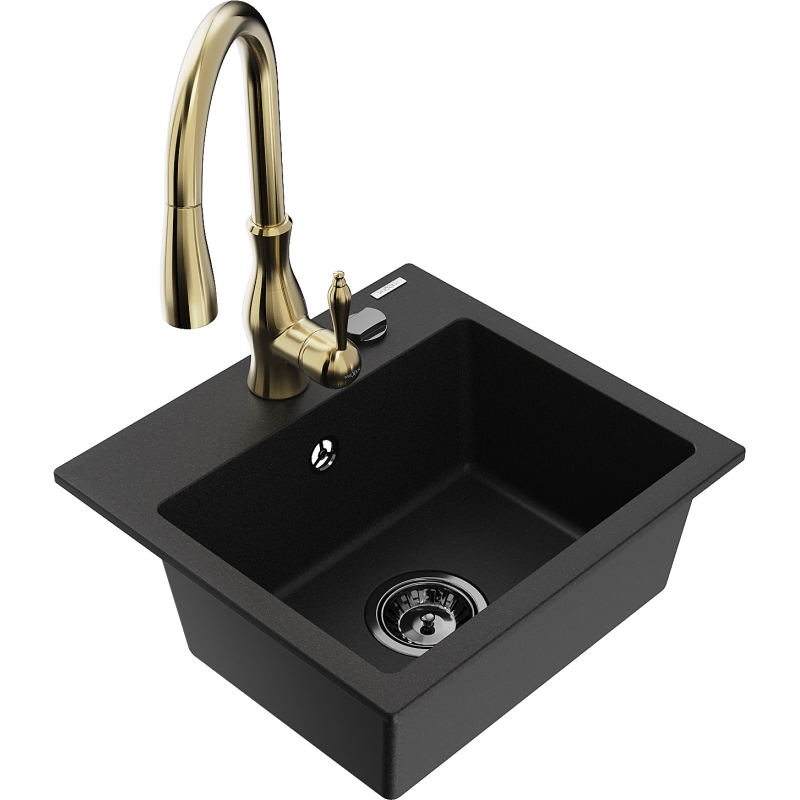 Mexen Milo single-bowl granite sink with Savita kitchen tap, black - 6505-77-672601-50-B