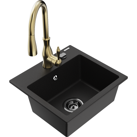 Mexen Milo single-bowl granite sink with Savita kitchen tap, black - 6505-77-672601-50-B