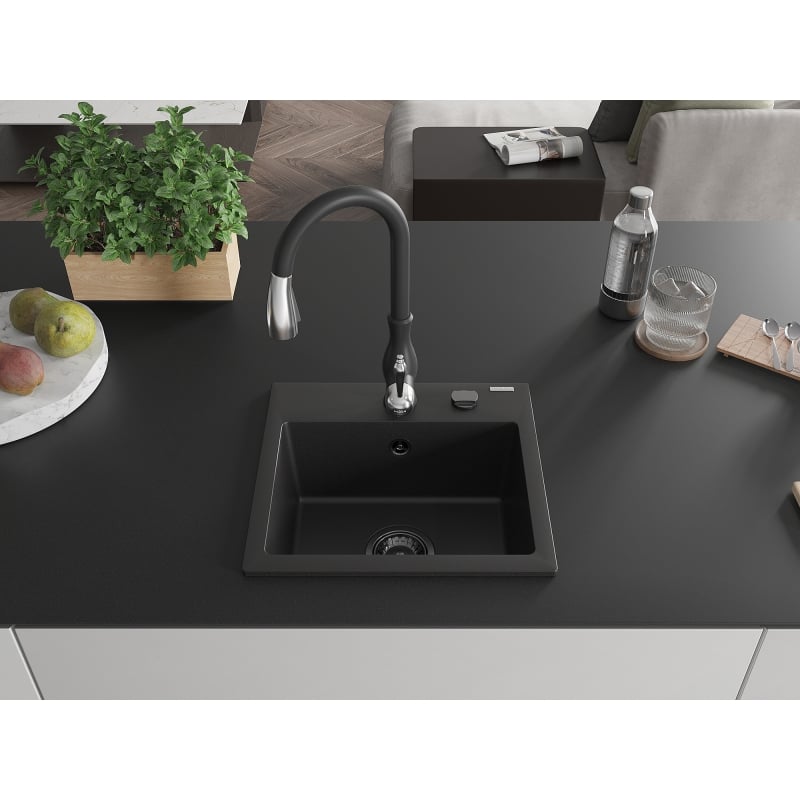 Mexen Milo granite sink 1-bowl with Savita kitchen faucet, black - 6505-77-672601-70-B