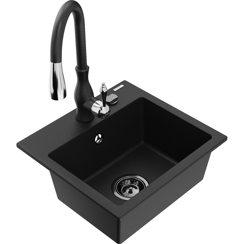 Mexen Milo fregadero de granito de 1 compartimento con grifo de cocina Savita, negro - 6505-77-672601-70-B