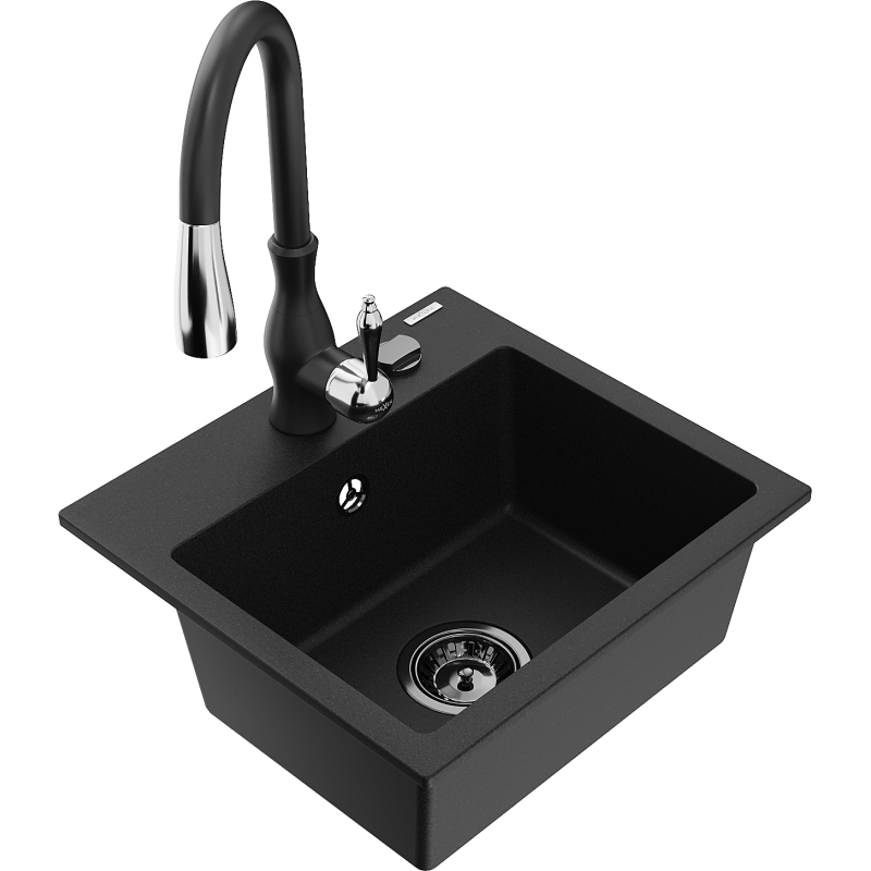 Mexen Milo graniittinen yksiosainen keittiöallas ja Savita-keittiöhana, musta - 6505-77-672601-70-B